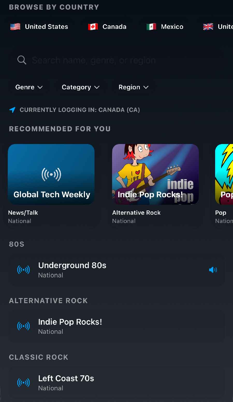 The MileMatrix radio player showing Underground 80s playing, with a progress bar and station artwork