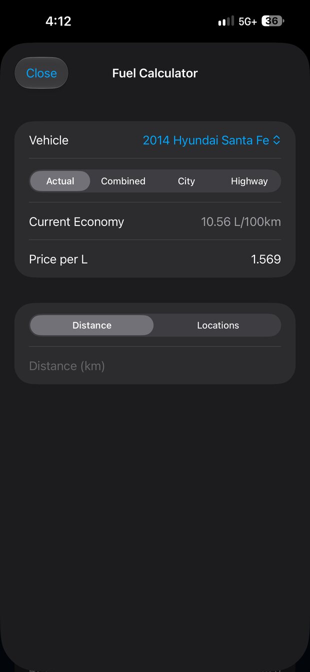 The fuel calculator showing current economy and price per litre for a vehicle