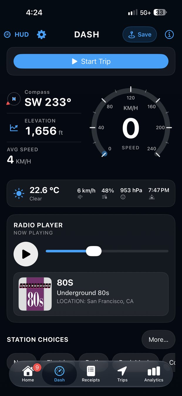 The MileMatrix dashboard showing speed, compass, elevation, and weather while driving