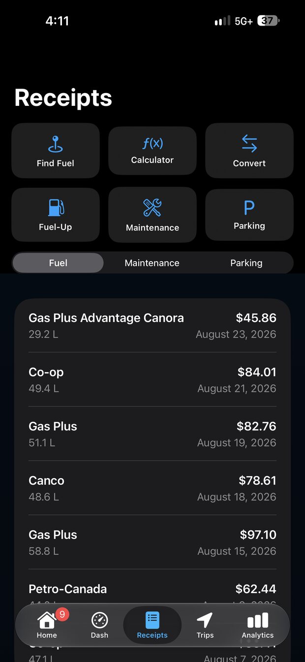 The receipts list with fuel, maintenance, and parking tabs