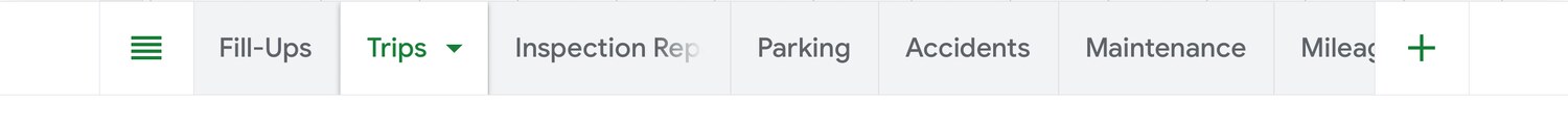The tab bar of a synced MileMatrix vehicle spreadsheet showing Fill-Ups, Trips, Inspection Reports, Parking, Accidents, Maintenance, and Mileage tabs